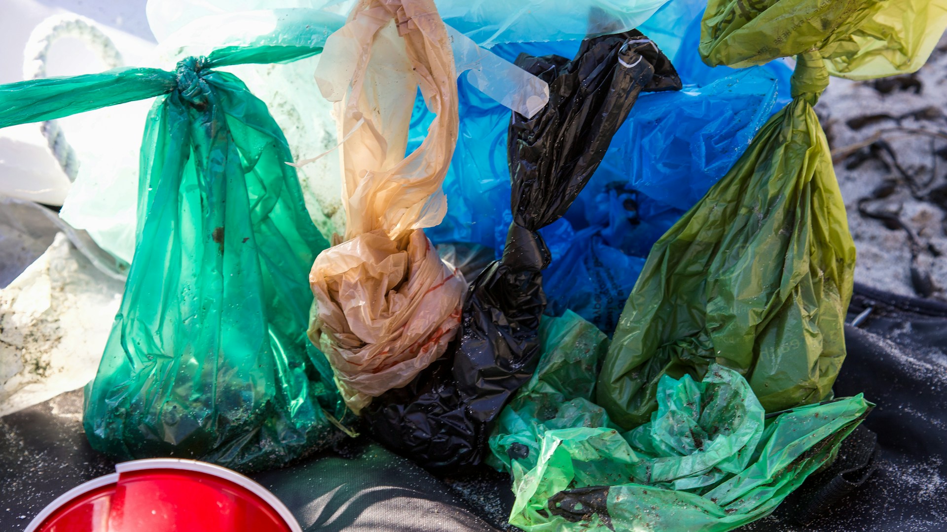green plastic bags on the floor