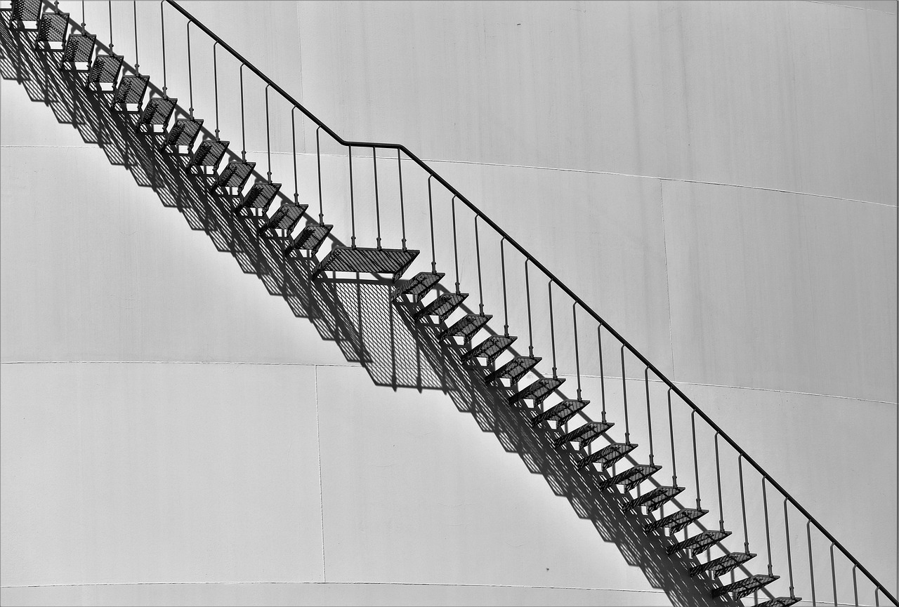 architecture, stairs, outside staircase, handrail, railing, stole, metal, grating, nature, steel tank, gasoline storage,