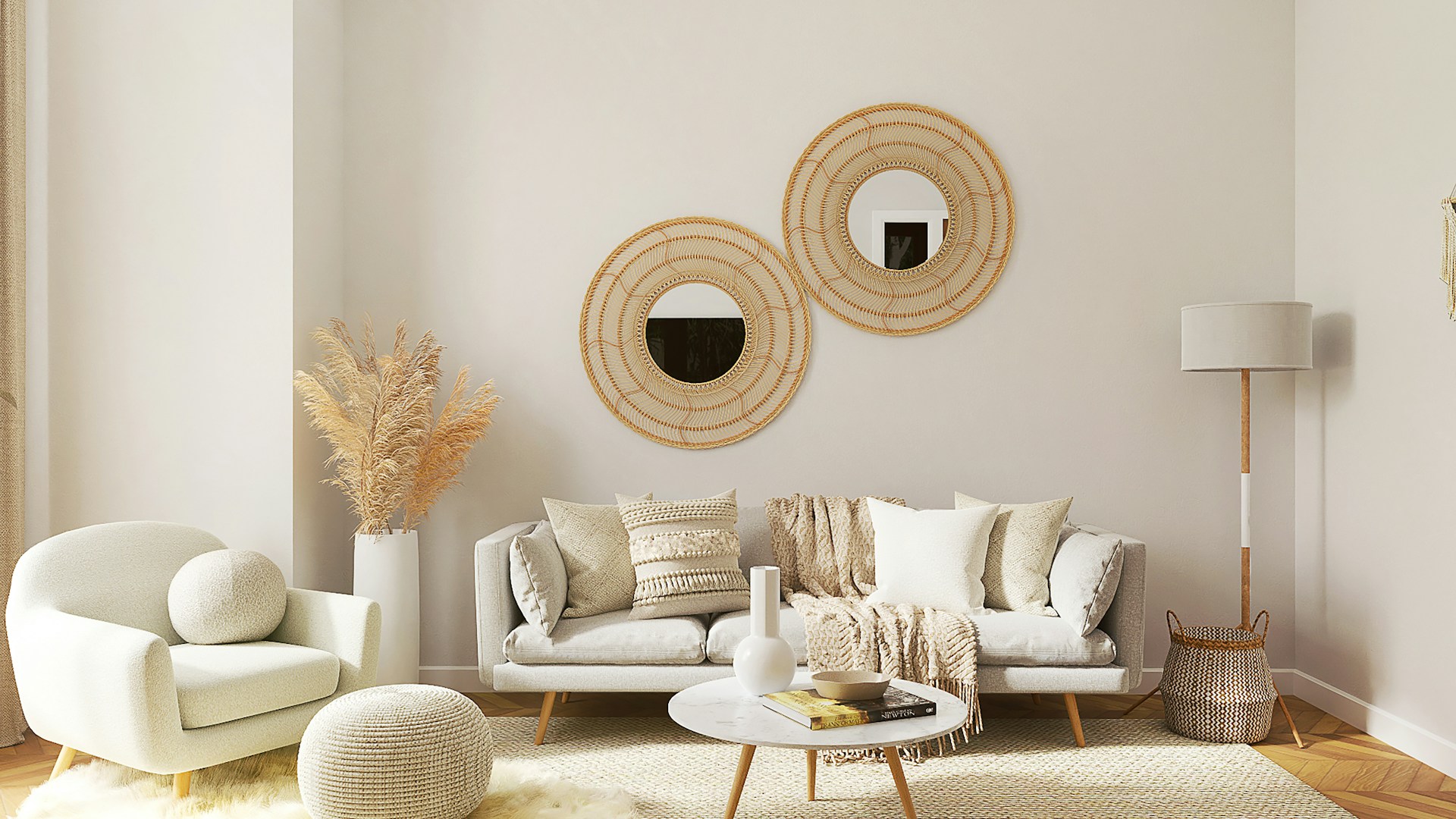 a living room filled with furniture and a mirror
