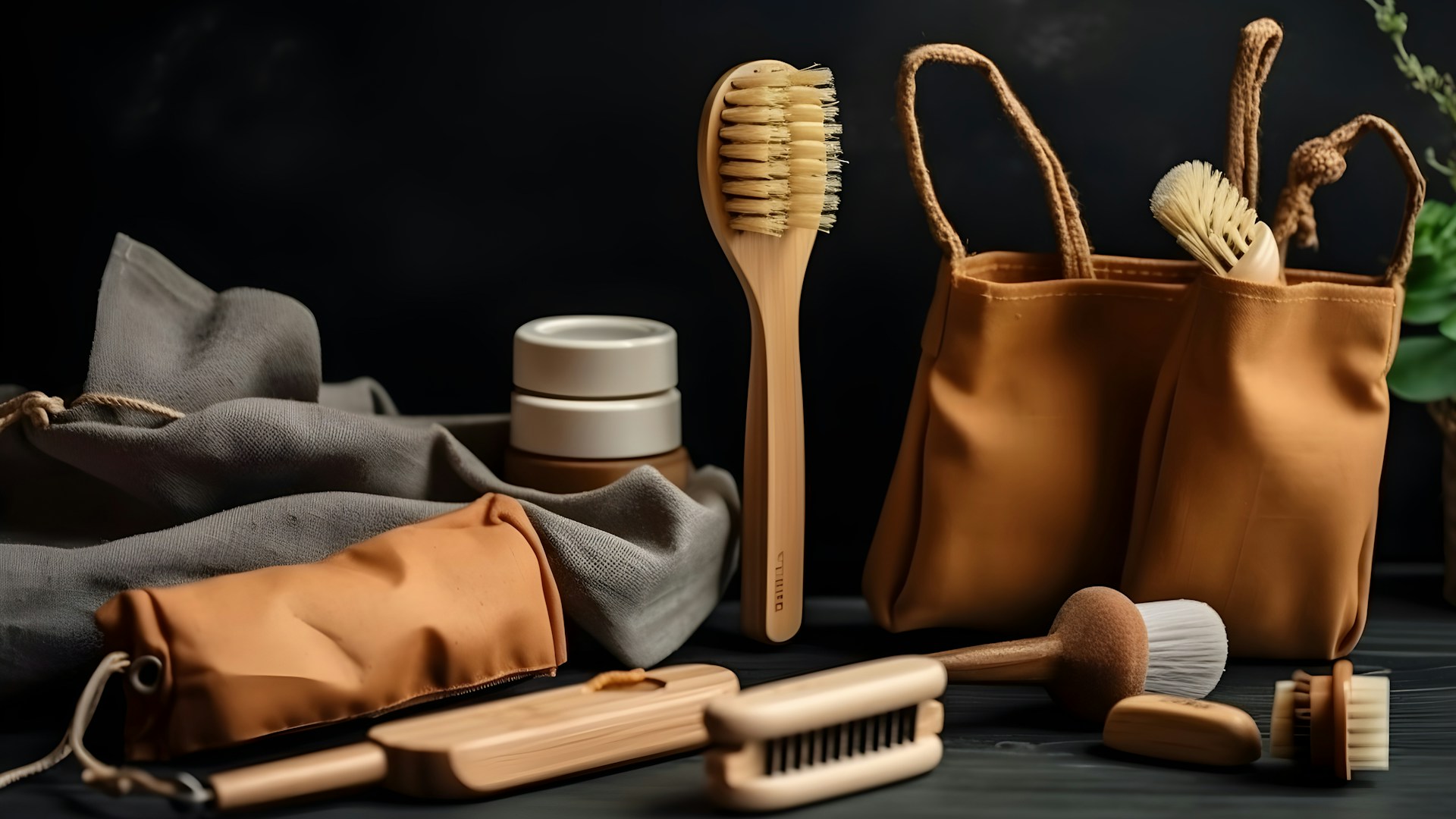 a bag with a brush, comb, and other items in it