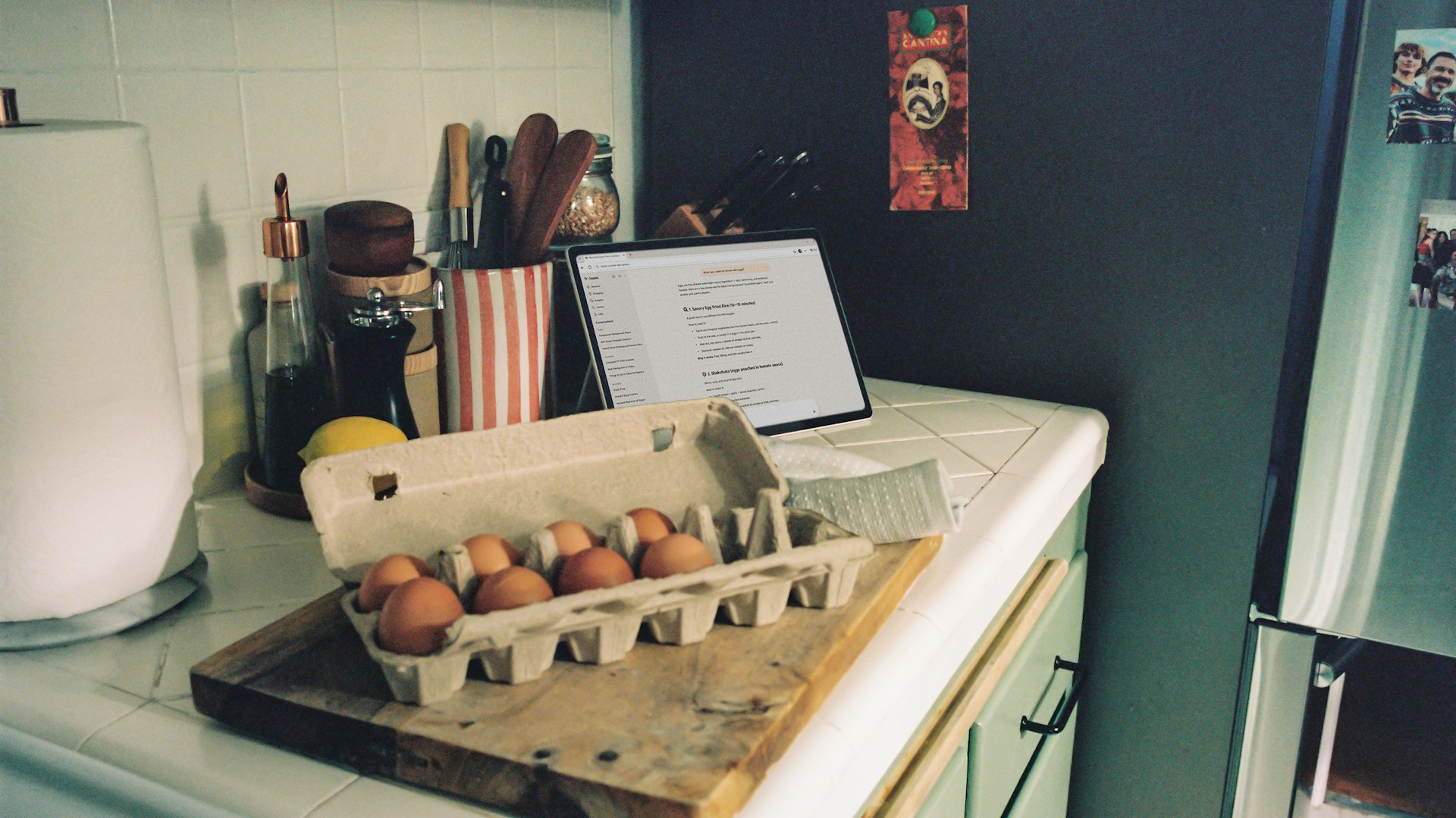 Carton of brown eggs on a kitchen counter