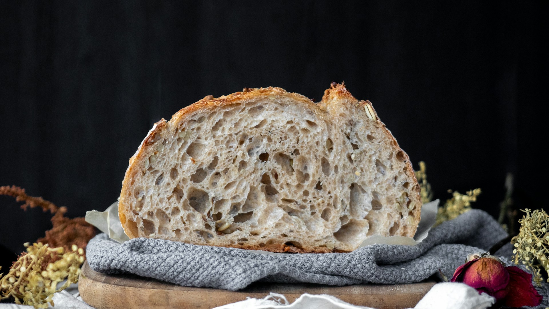 bread on white and blue textile